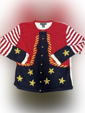 Terrazzo Patriotic Star Embroidered Cardigan - Red, Navy, White | Sz XL